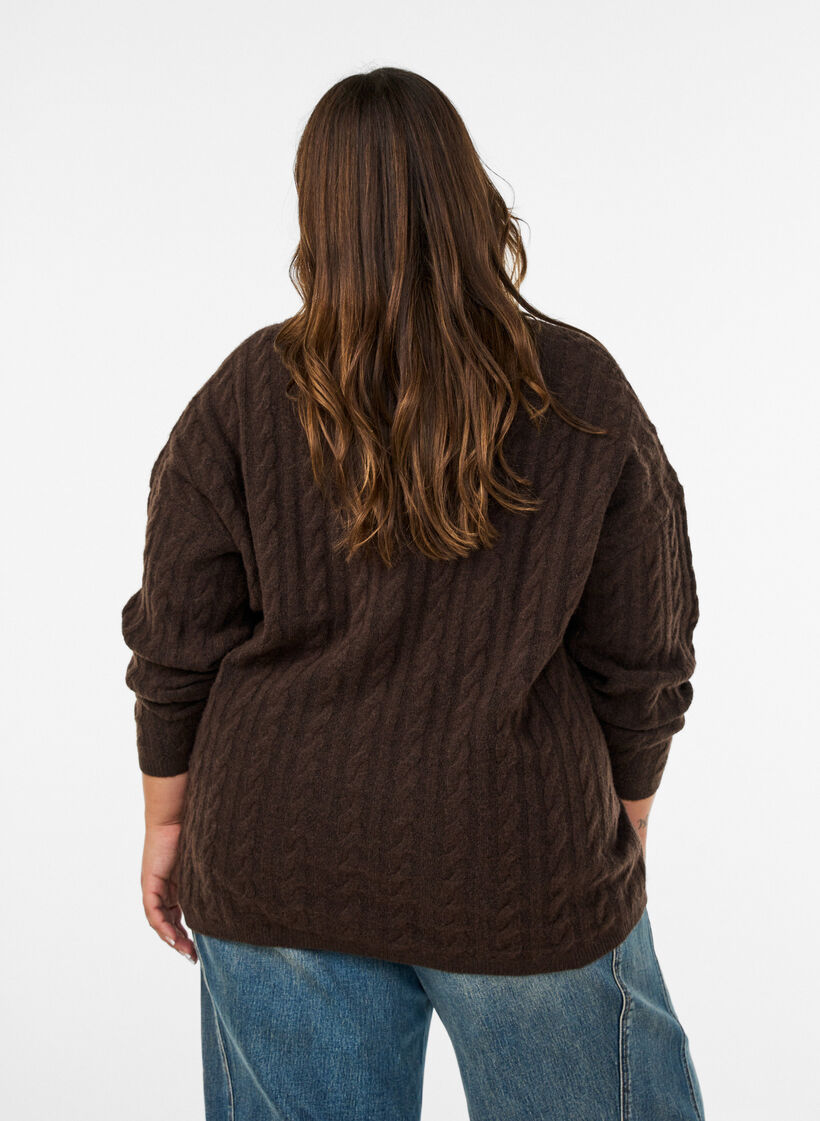 Gebreide blouse met kabelpatroon en V-hals, Bruin, Model image number 2