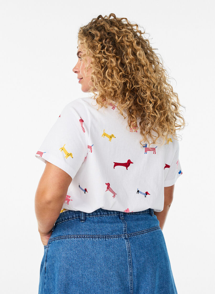 Katoenen T-shirt met hondenprint, Wit, Model image number 2