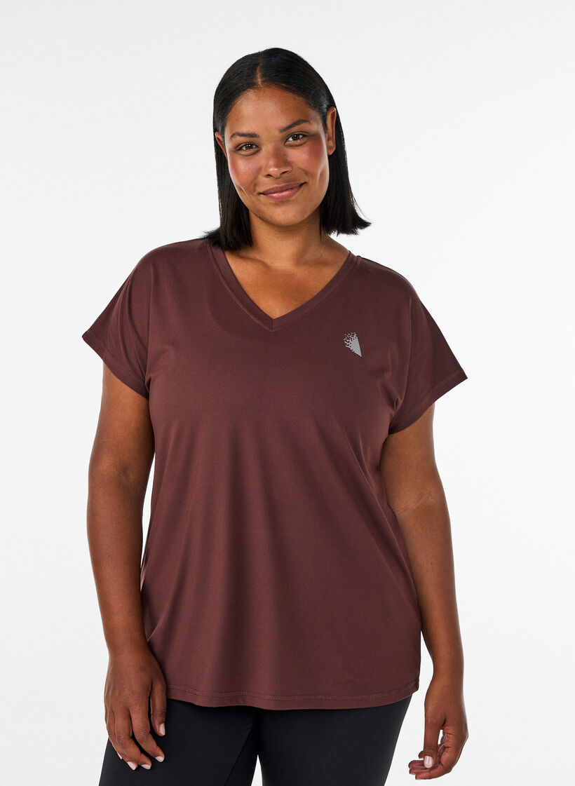 Losvallend trainings-T-shirt met V-hals, Bruin, Model image number 0