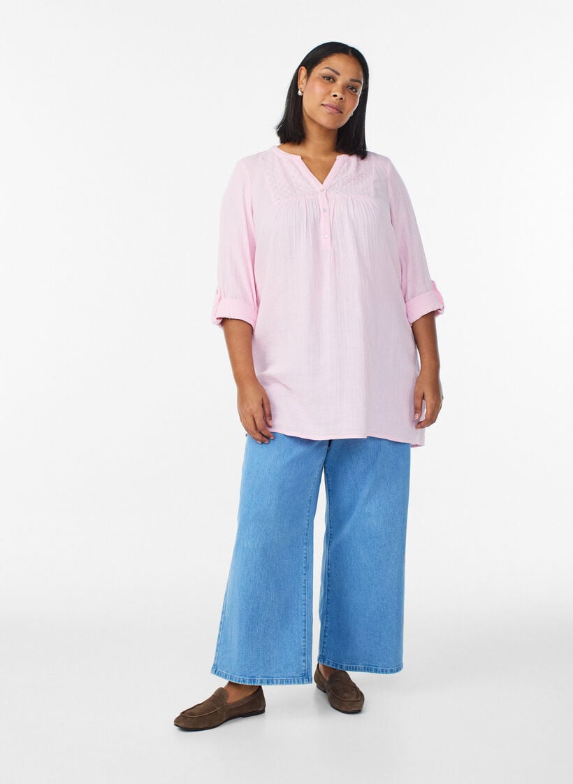 Katoenen mousseline tuniek met broderie anglaise, Roze, Model image number 1