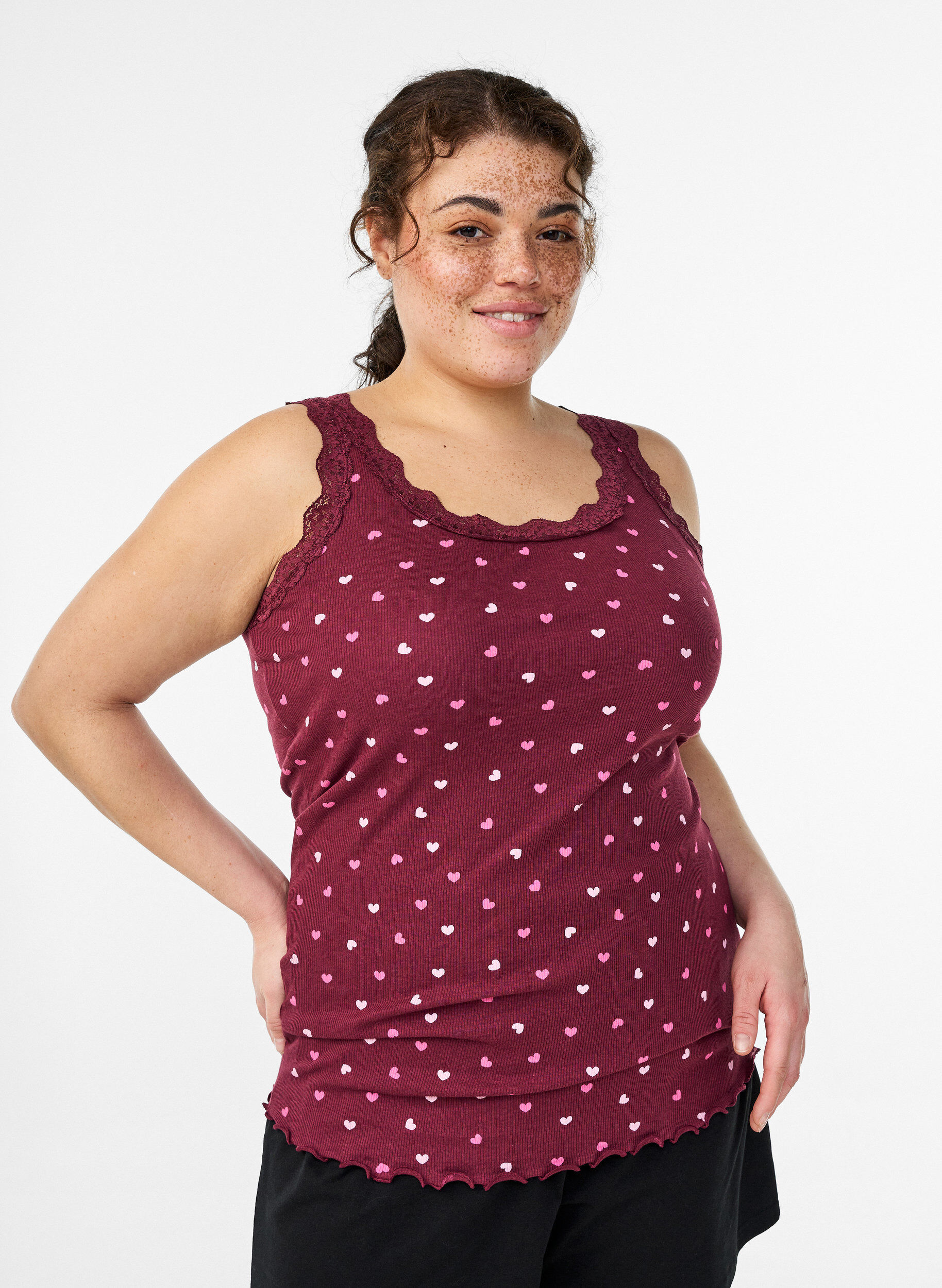 Top met print en kanten rand, Rood, Model