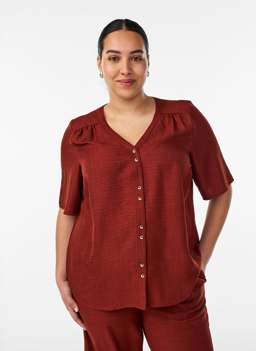 Overhemd blouse met V-hals en korte mouwen, Rood, Model image number 0