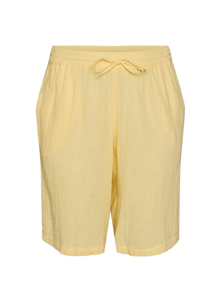 Los katoenen mousseline shorts met een hoge taille, Geel, Packshot image number 0