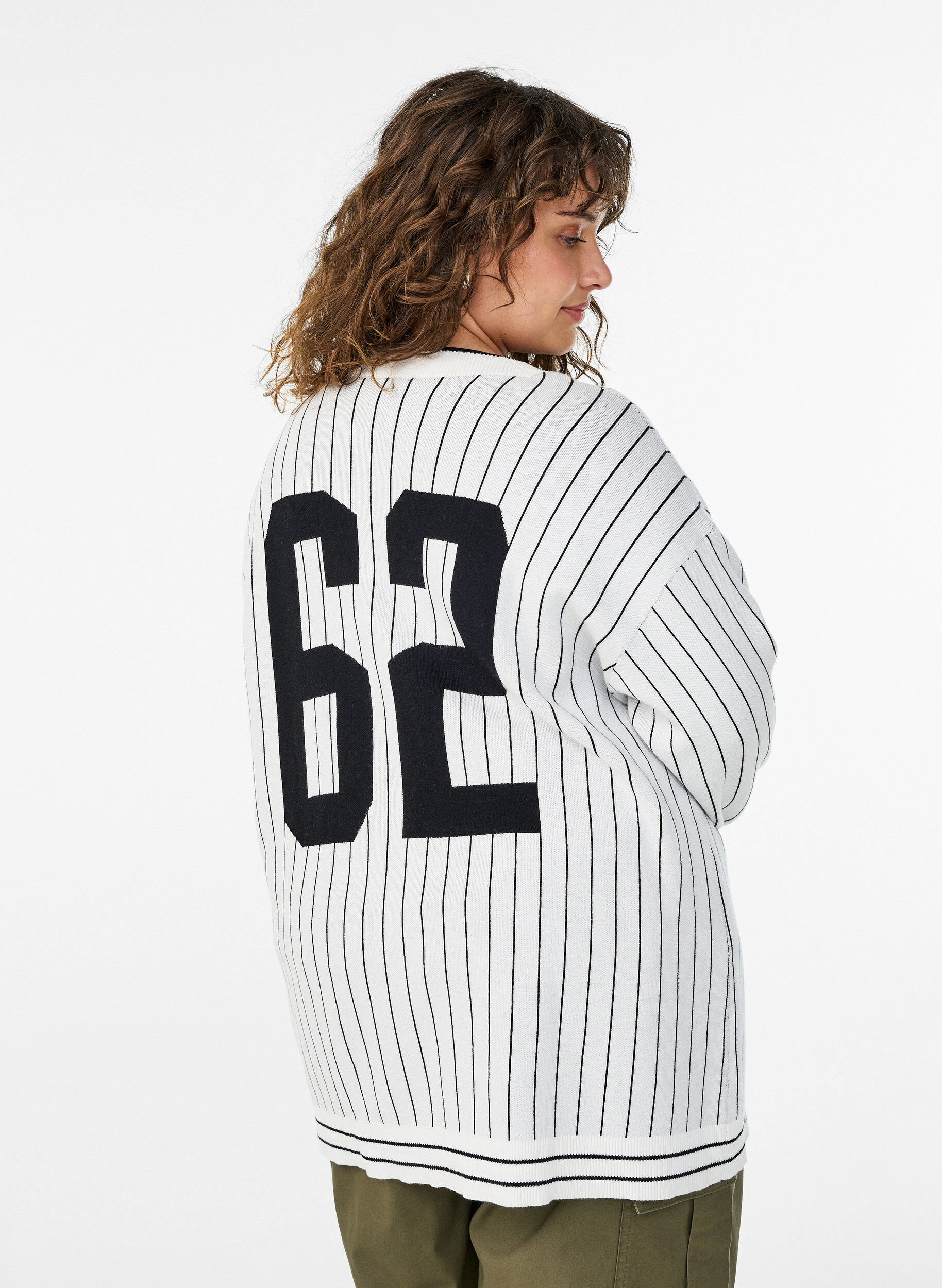 ZizziGebreide vest met strepen en rugmotief, Wit, Model image number 2