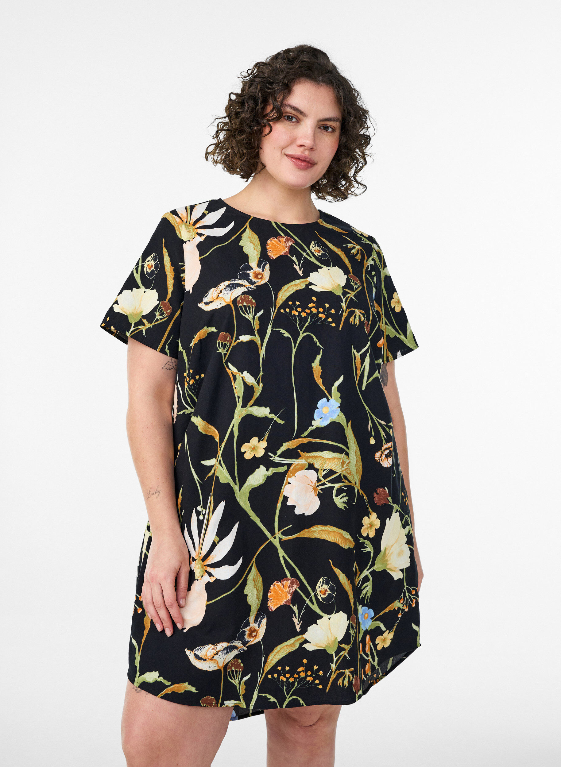 Katoenen tuniek met een bloemenprint, Zwart, Model