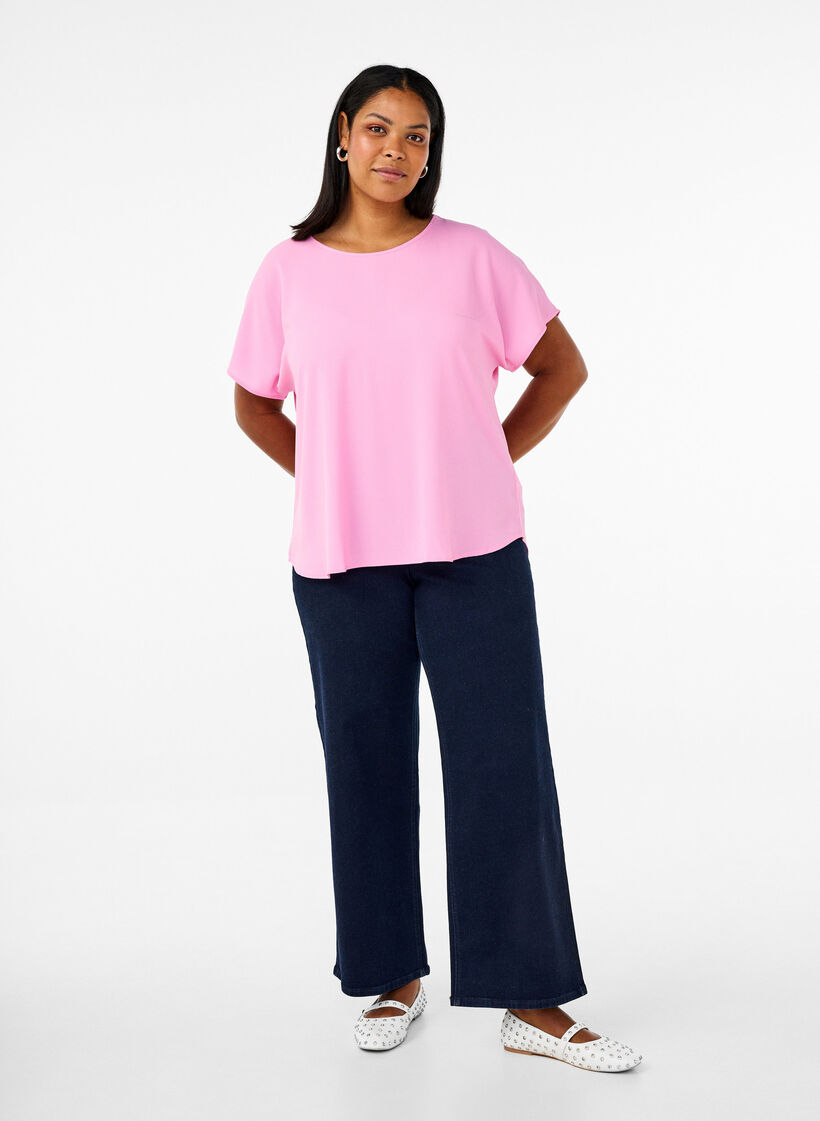 Blouse met korte mouwen en een ronde halslijn, Roze, Model image number 1