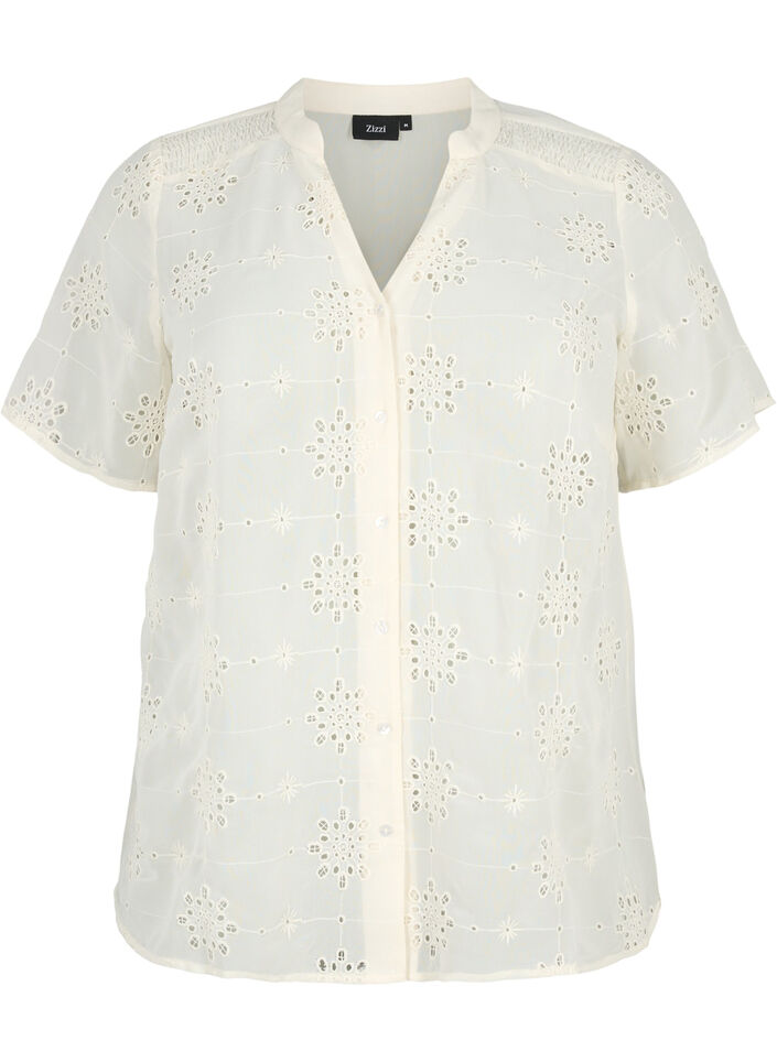Overhemdblouse met korte mouwen en broderie anglaise, Antique White, Packshot image number 0