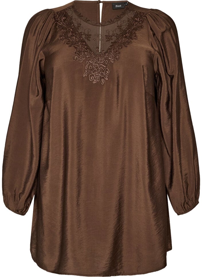 Viscose tuniek met kanten detail, Bruin, Packshot image number 0