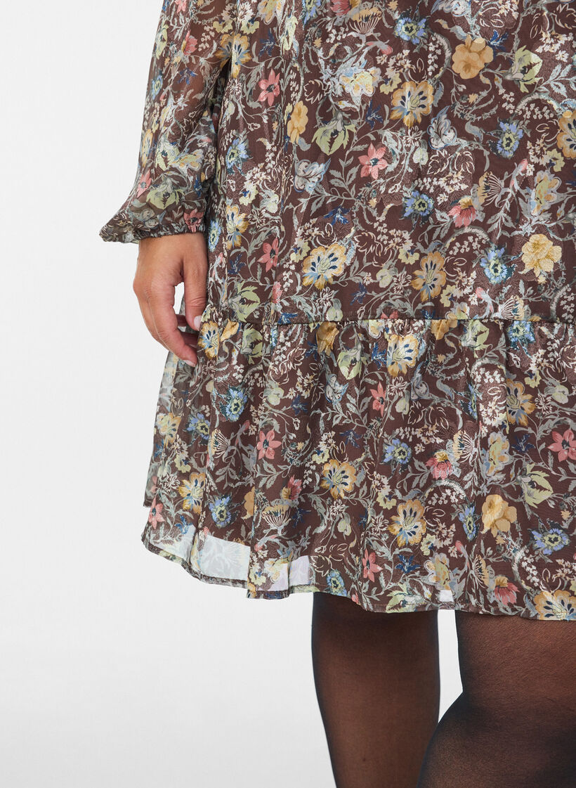 Chiffon jurk met bloemenprint en rucheslagen, Bruin, Model image number 3