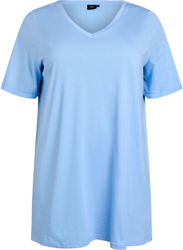 Enkelkleurig oversized T-shirt met V-hals, Blauw, Packshot image number 0