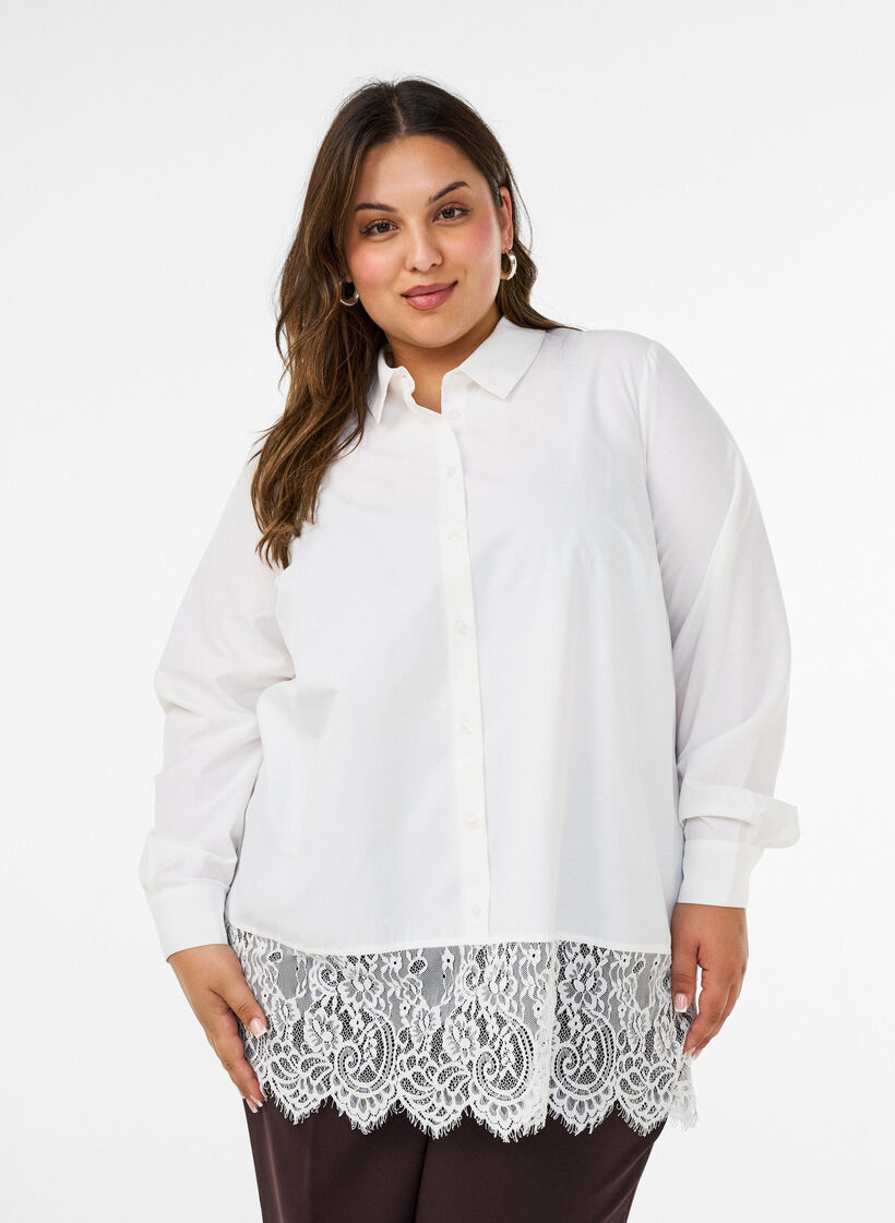Losse blouse met een brede kanten rand, Wit, Model image number 0