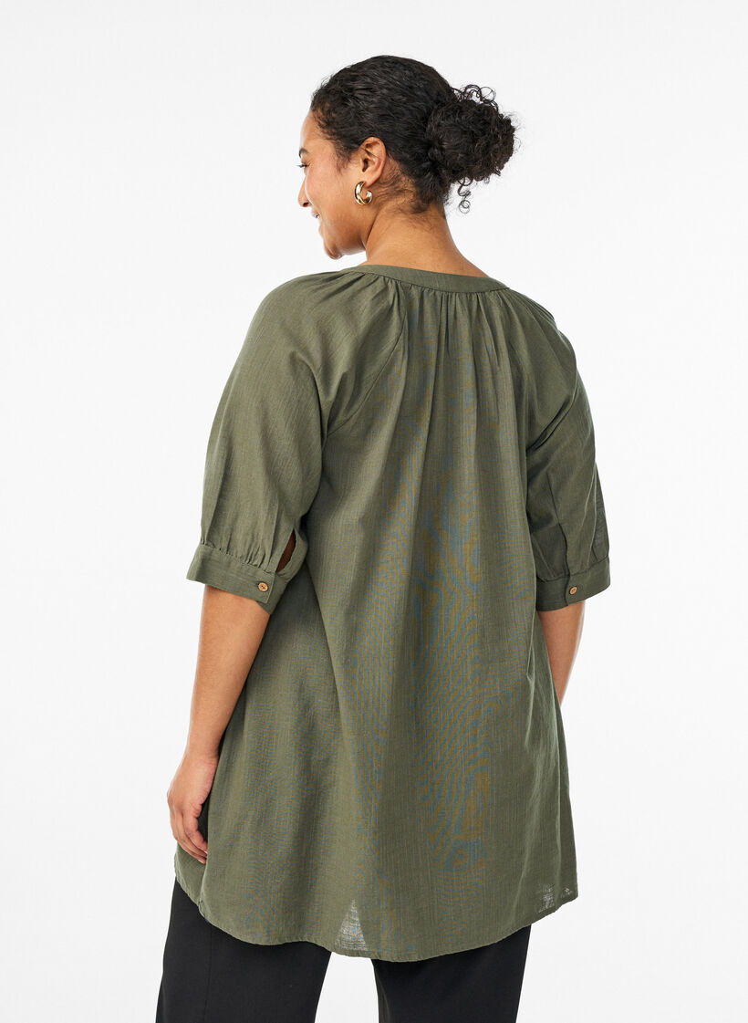 Tunique en coton avec un col en V, Vert, Model image number 2