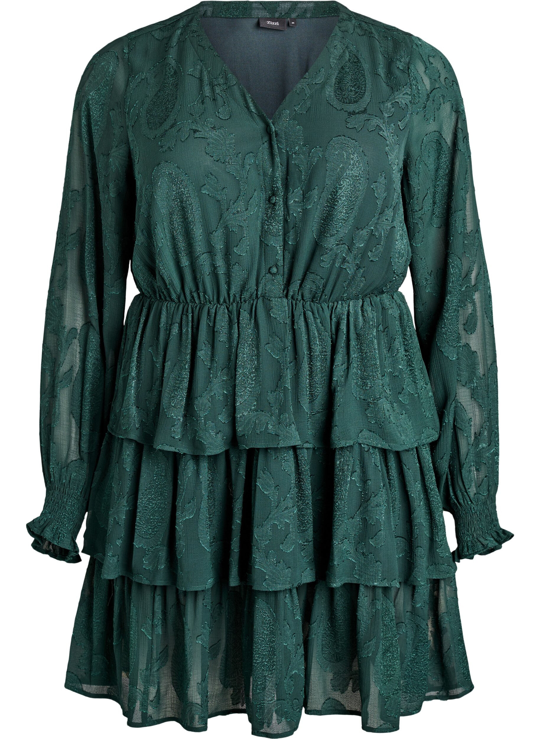 ZizziKorte jurk met ruches en een textuurpatroon, Groen, Packshot image number 0