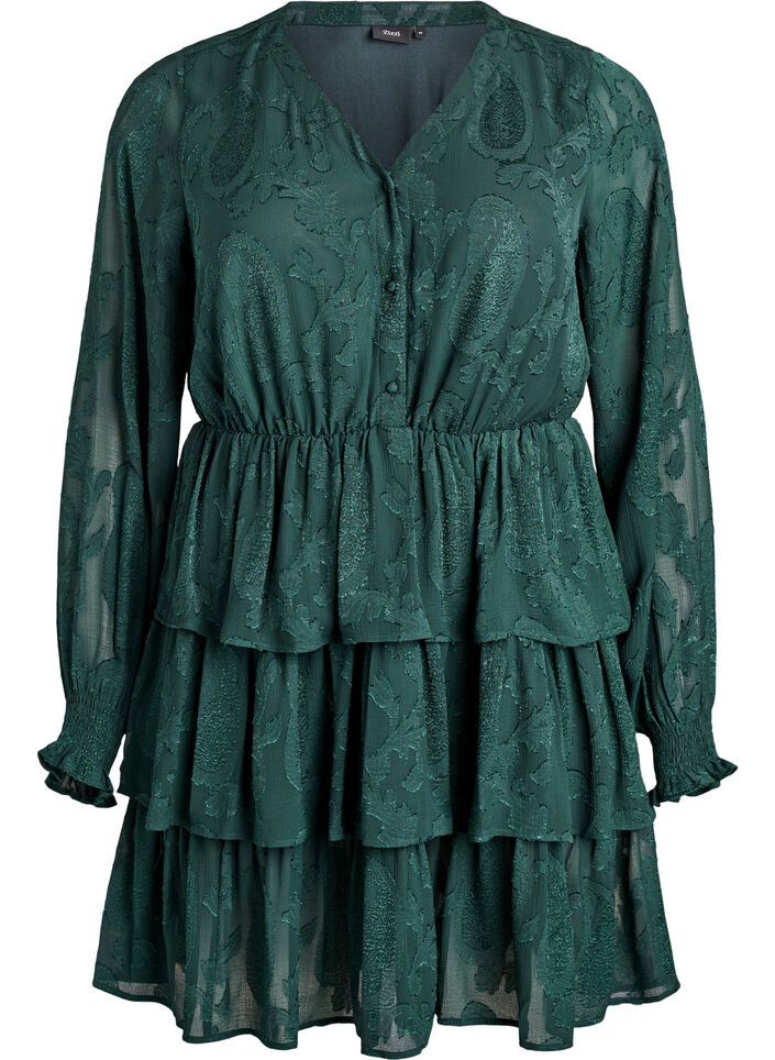 Korte jurk met ruches en een textuurpatroon, Groen, Packshot image number 0