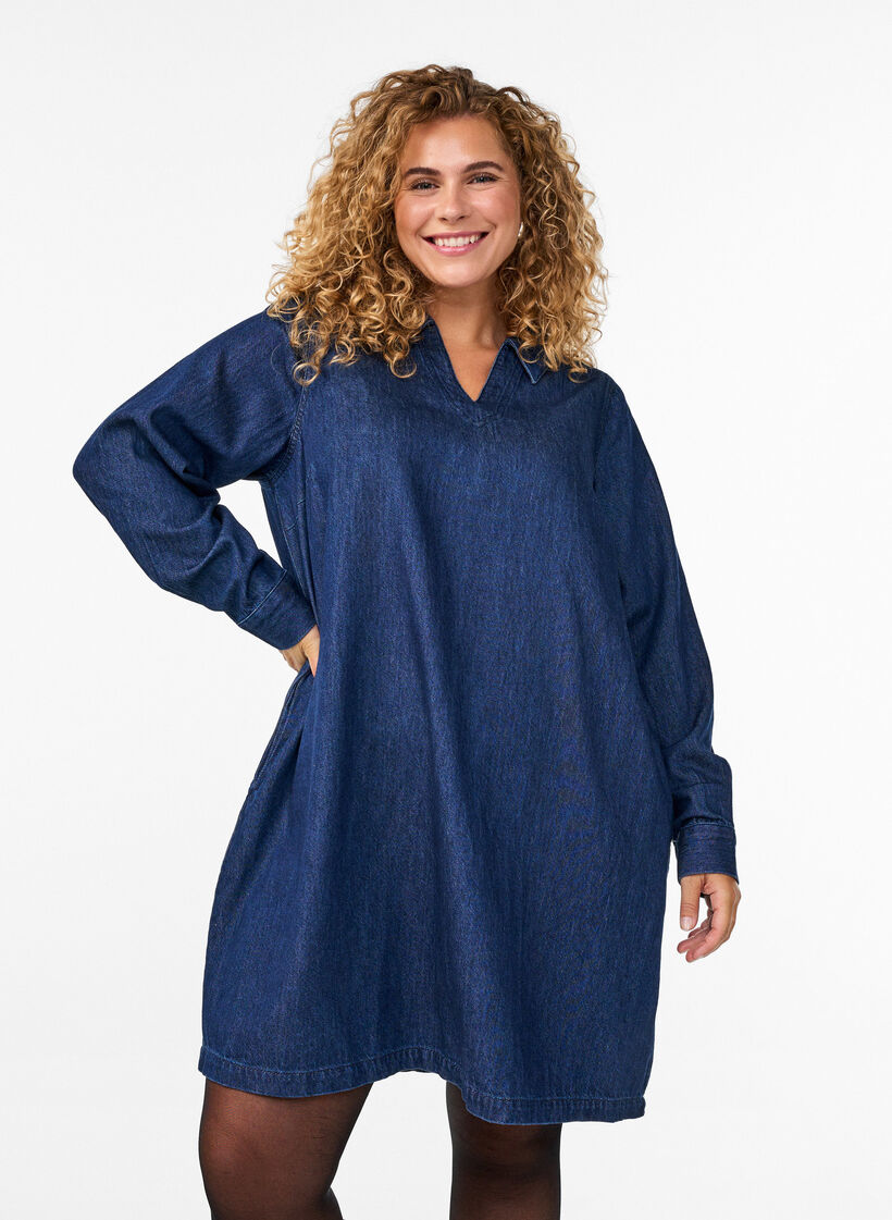 Korte denim jurk met een V-hals en kraag, Dark Blue Denim, Model
