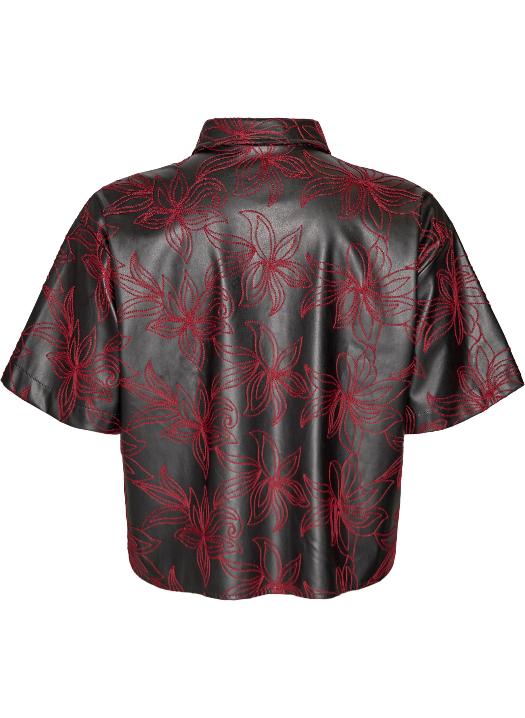 ZizziKorte imitatielederen blouse met contrasterend borduursel, Zwart, Packshot image number 1