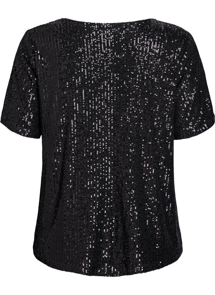 Sequin blouse met V-hals en korte mouwen, Zwart, Packshot image number 1