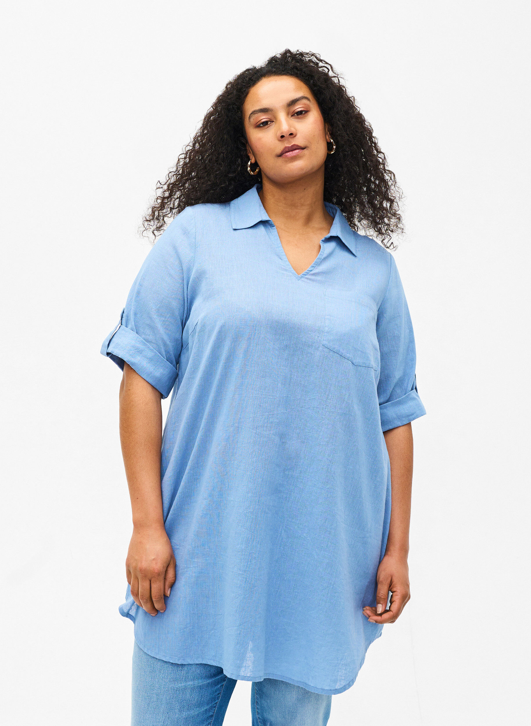 Tuniek van katoenmix met korte mouwen en linnen, Faded Denim, Model