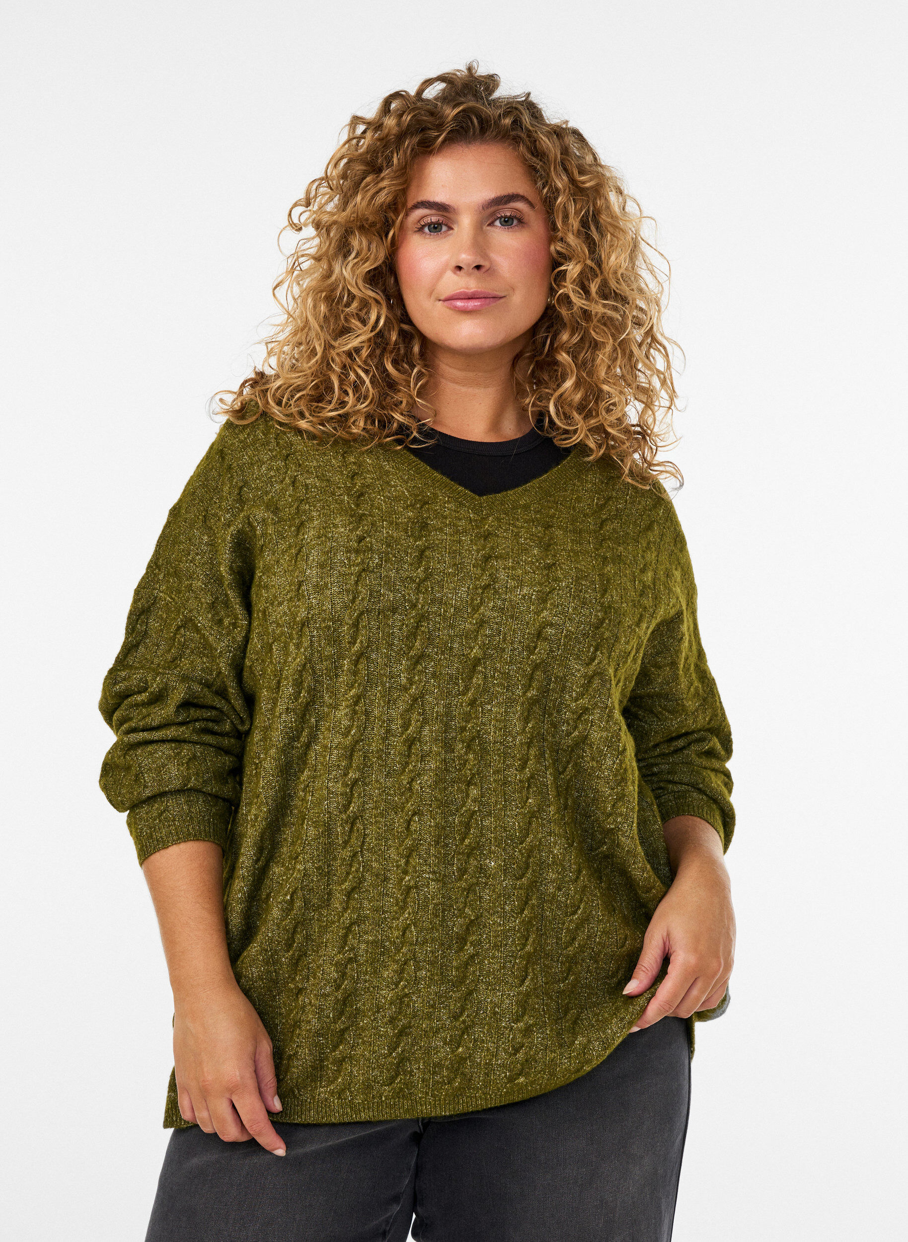 Gebreide blouse met kabelpatroon en V-hals, Groen, Model