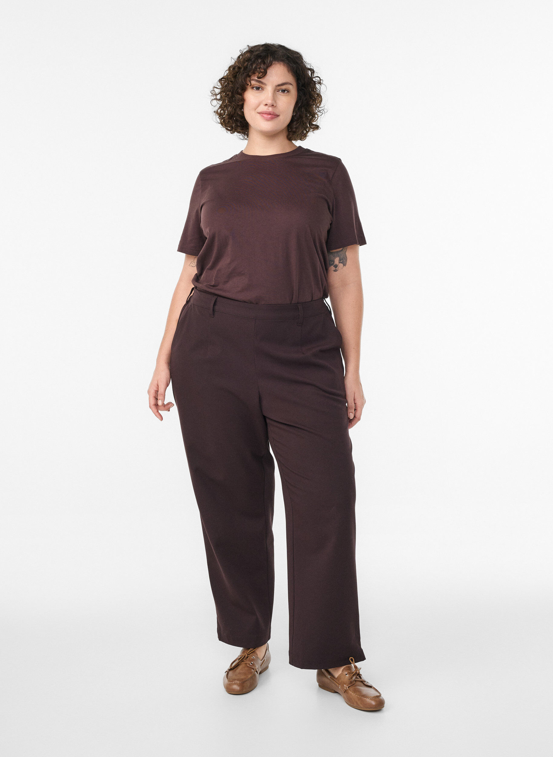 ZizziBasic katoenen T-shirt met ronde hals, Bruin, Model image number 1