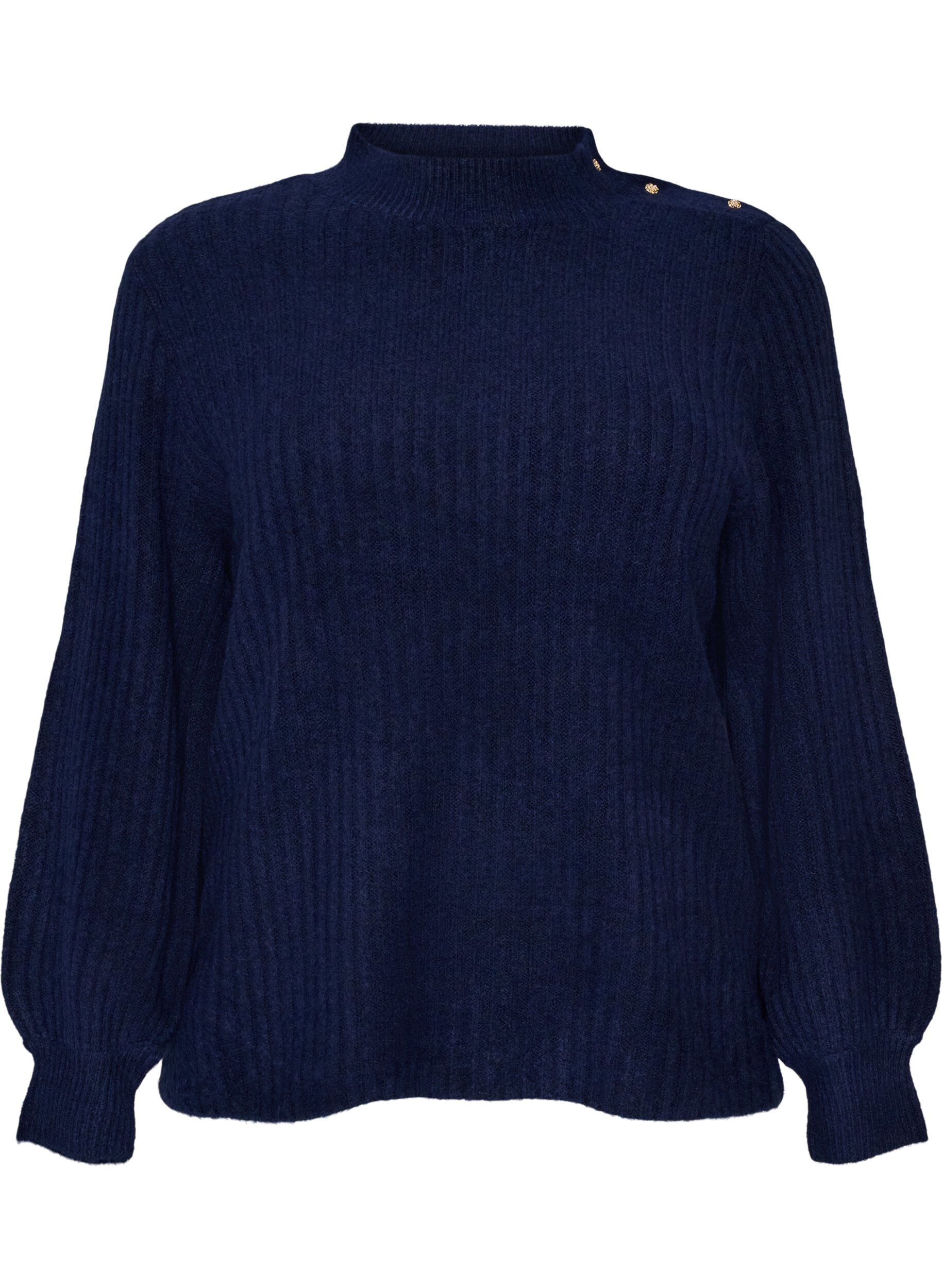 ZizziGeribde trui met pofmouwen en knopen, Blauw, Packshot image number 0