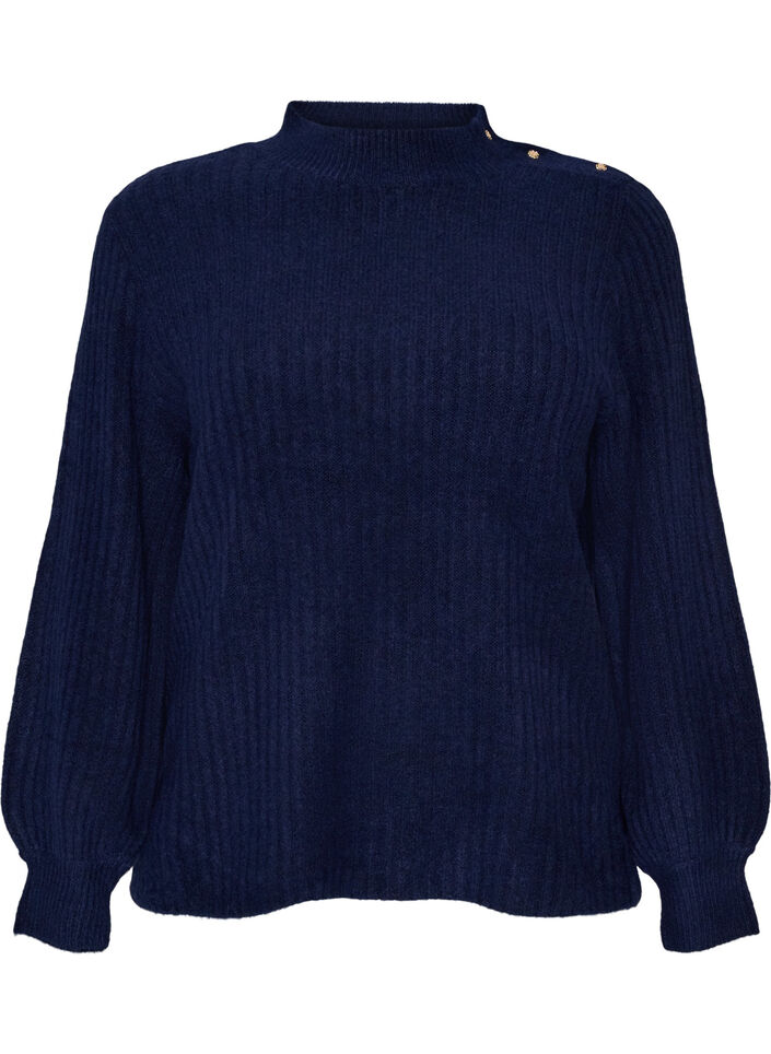 Geribde trui met pofmouwen en knopen, Blauw, Packshot image number 0