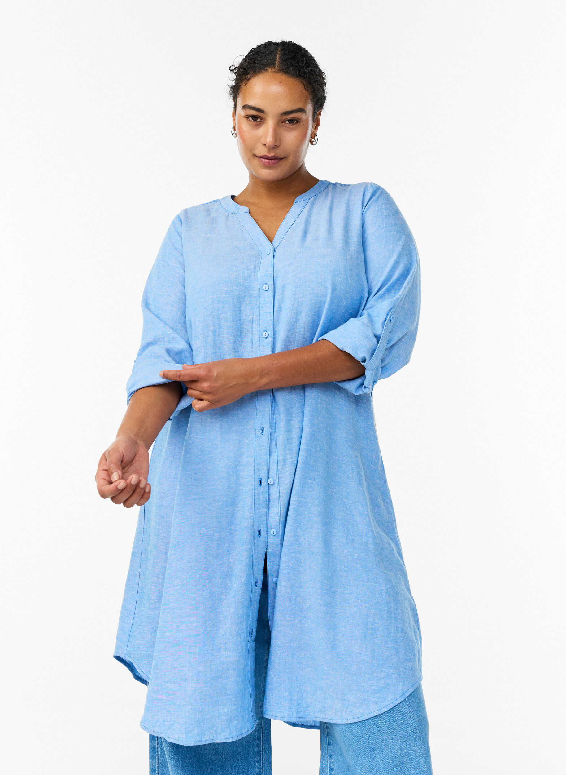 Lang shirt in linnen en viscose, Blauw, Model