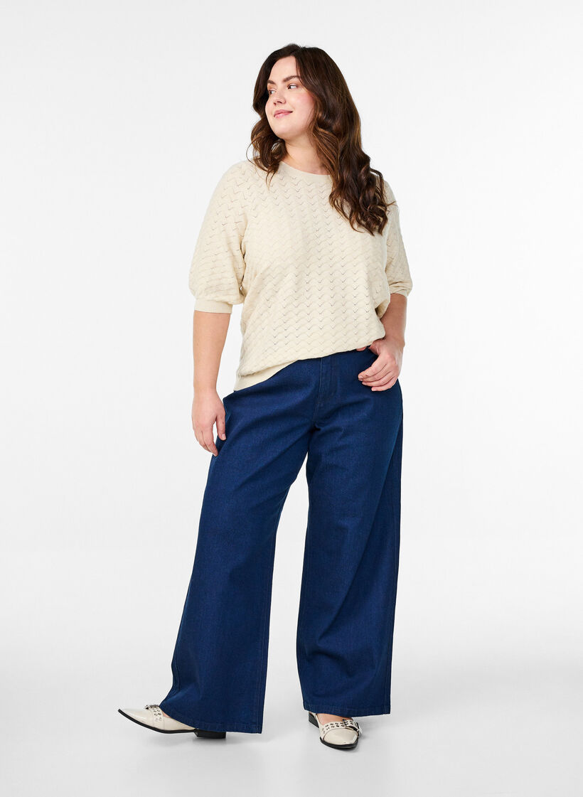 Gebreide blouse met opengewerkt patroon en korte mouwen, Birch Mel., Model