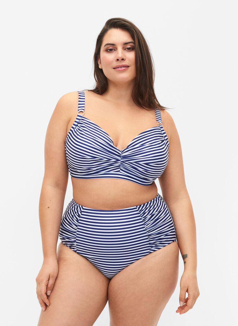 Gestreept bikinibroekje met hoge taille, Blauw, Model image number 0