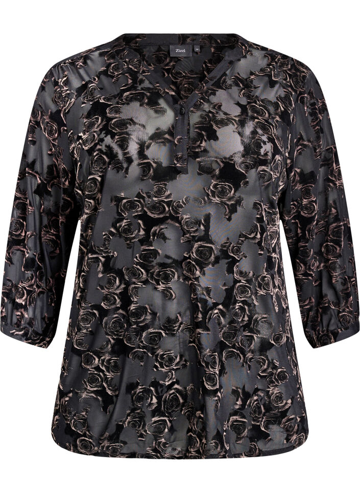 Mesh blouse met 3/4 mouwen en velourrozen, Zwart, Packshot image number 0