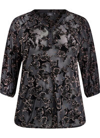 Mesh blouse met 3/4 mouwen en velourrozen, Zwart Mesh blouse met 3/4 mouwen en velourrozen