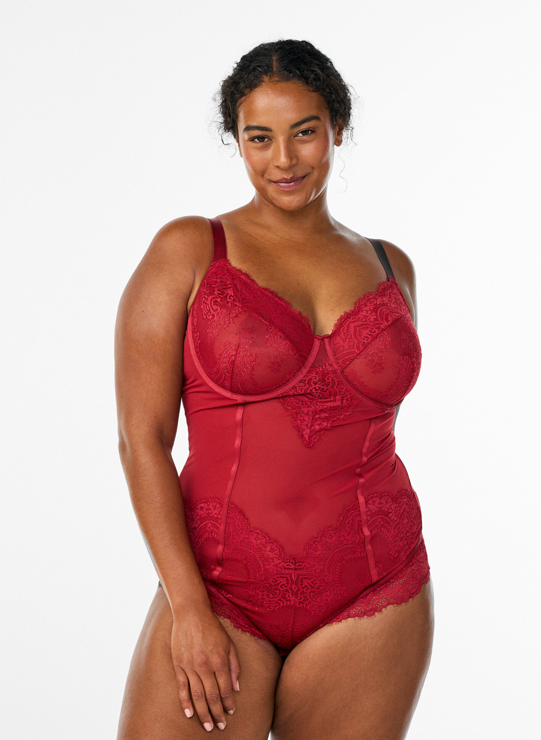 Mesh-body met kanten details en beugel., Rood, Model