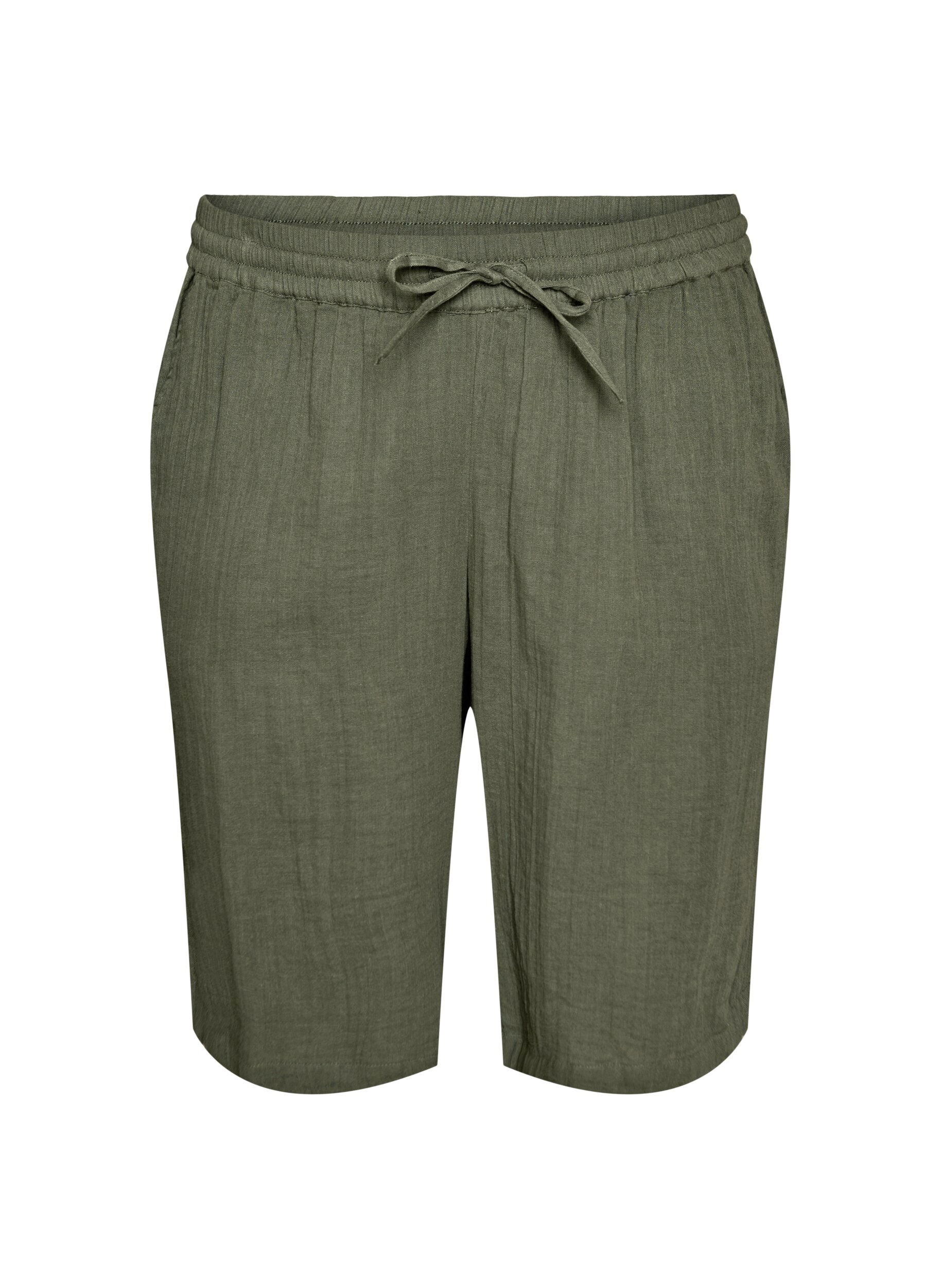 ZizziLos katoenen mousseline shorts met een hoge taille, Groen, Packshot image number 0