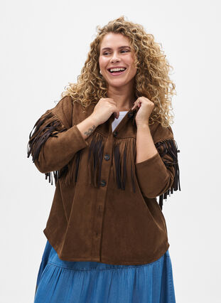ZizziImitatie suède jacket met franjes, Brown Fake Suede, Model image number 0