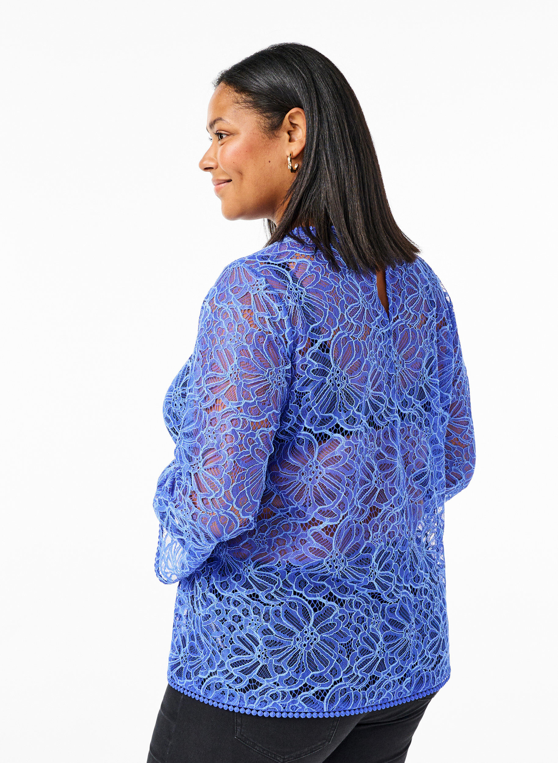 ZizziKanten blouse met ronde hals en lange mouwen, Blauw, Model image number 2