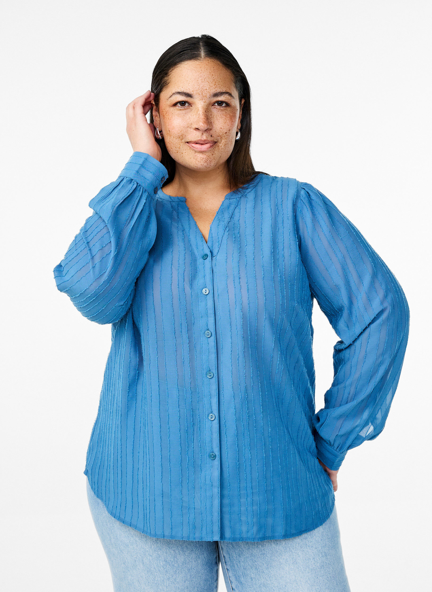 ZizziGestreepte blouse met transparante strepen, Blauw, Model image number 0