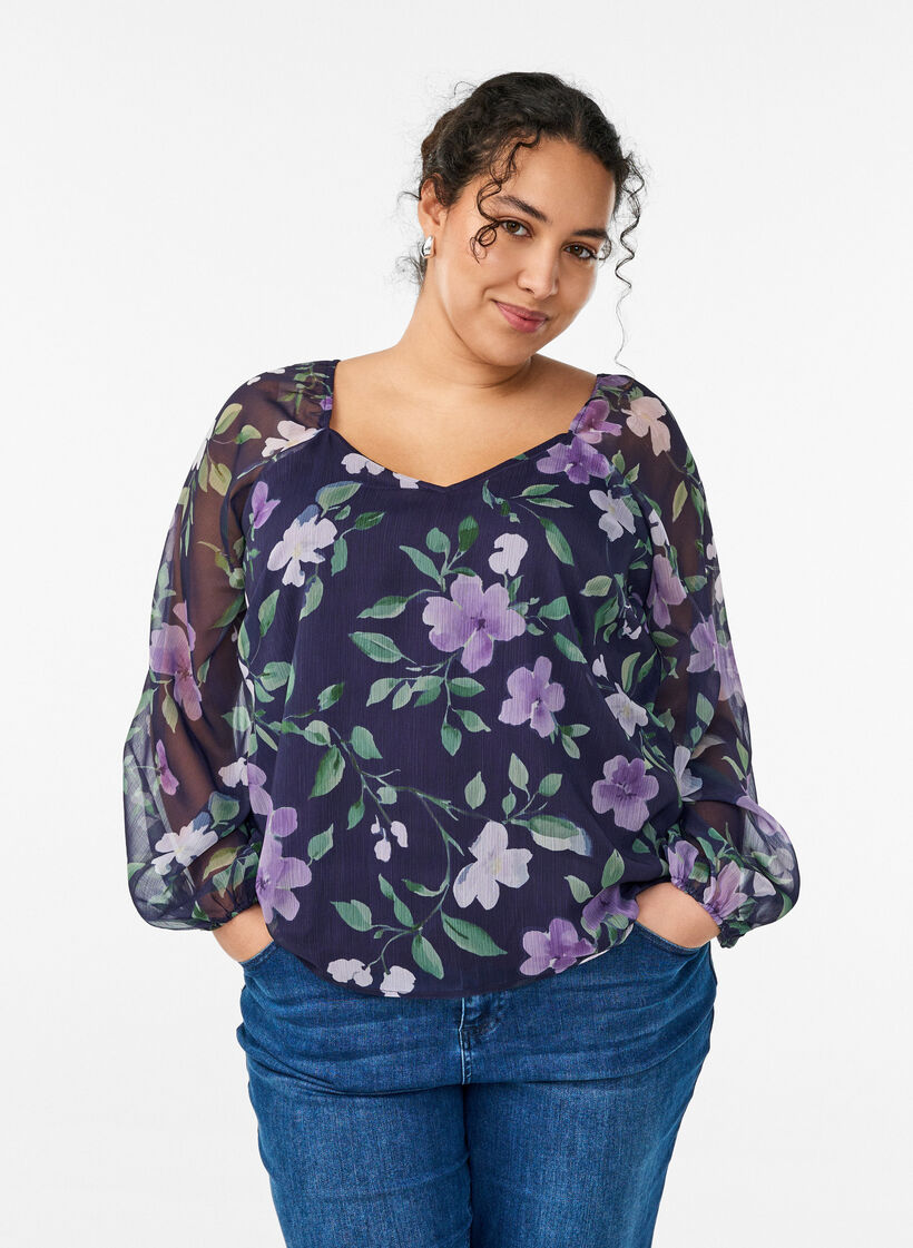 Chiffon blouse met bloemenprint en lange mouwen, Blauw, Model image number 0