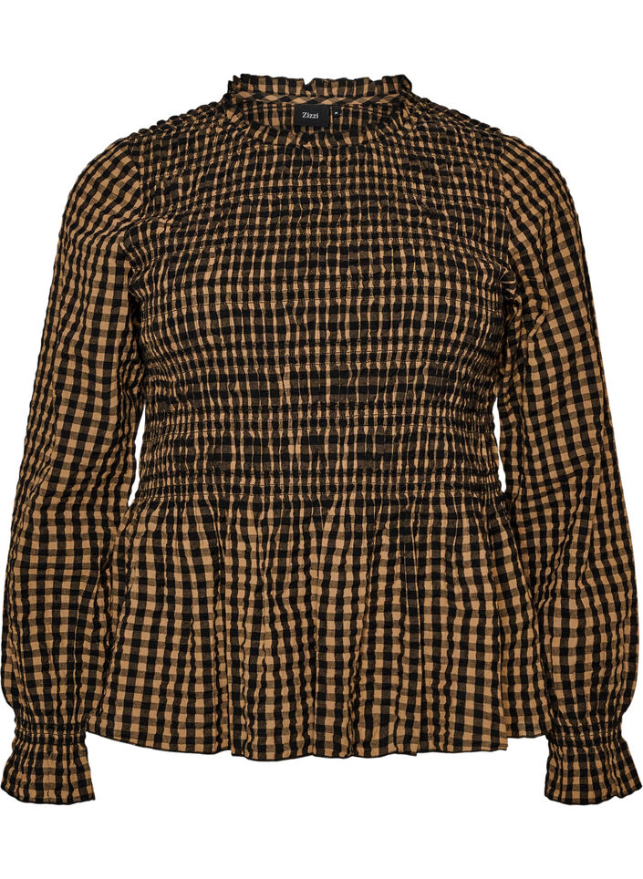 Blouse met ruitpatroon, smockwerk en peplum, Bruin, Packshot image number 0
