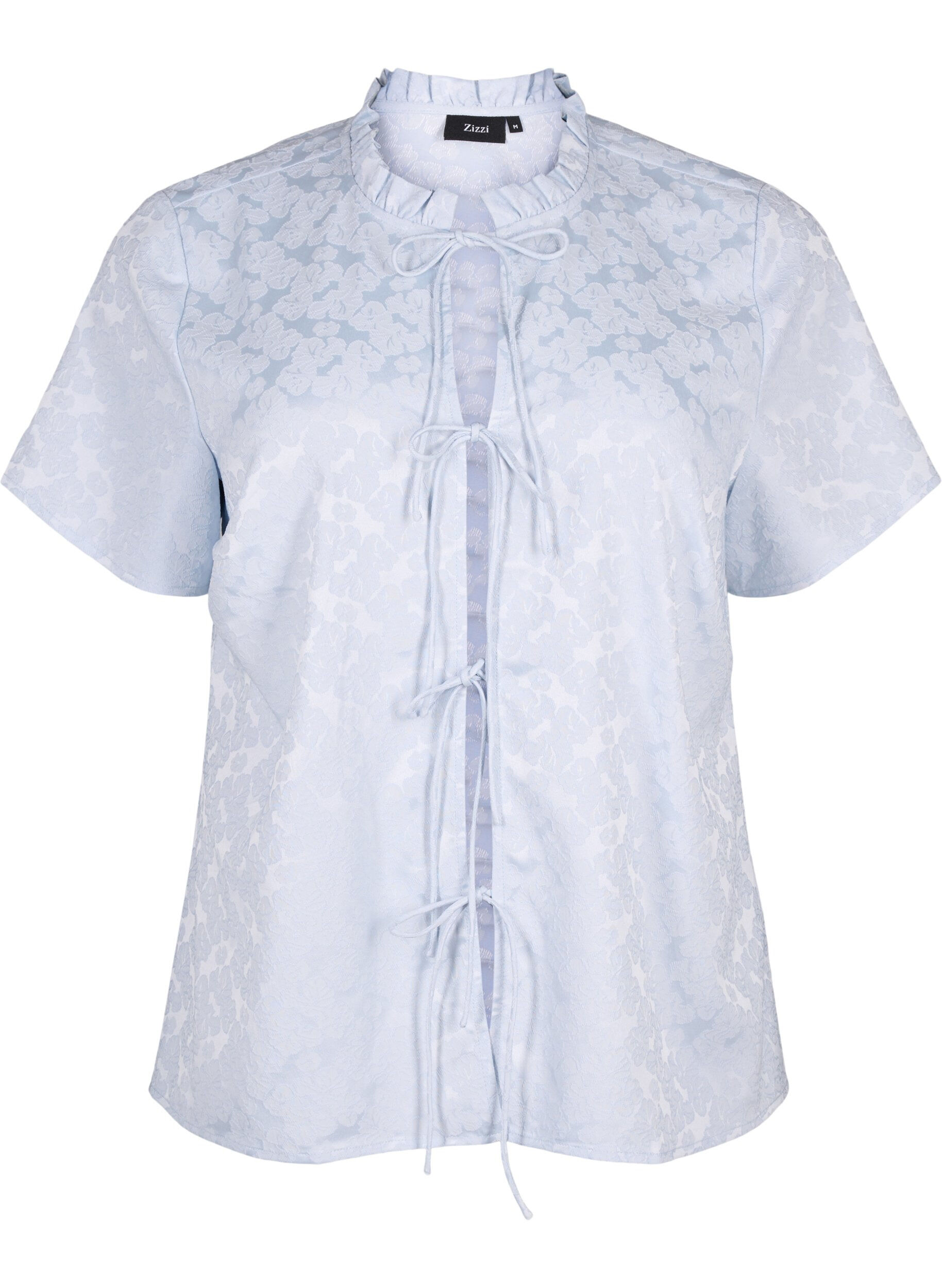 ZizziJacquard blouse met korte mouwen en strikjes, Blauw, Packshot image number 0