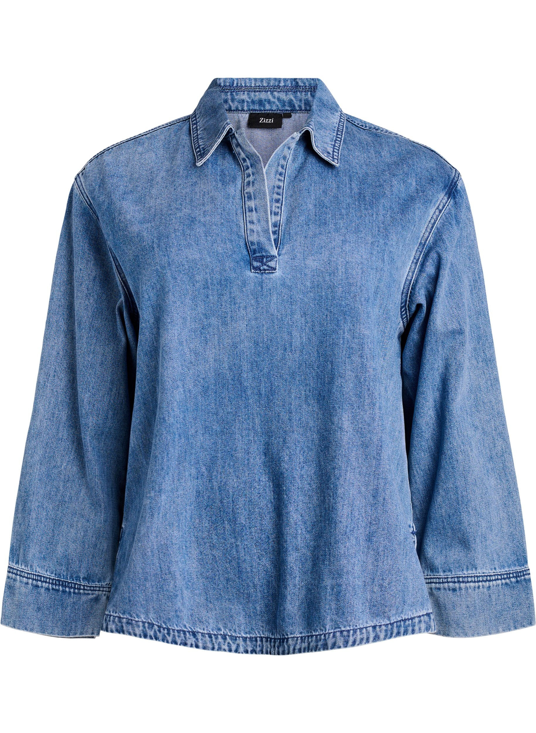Losse denim blouse met kraag en V-hals