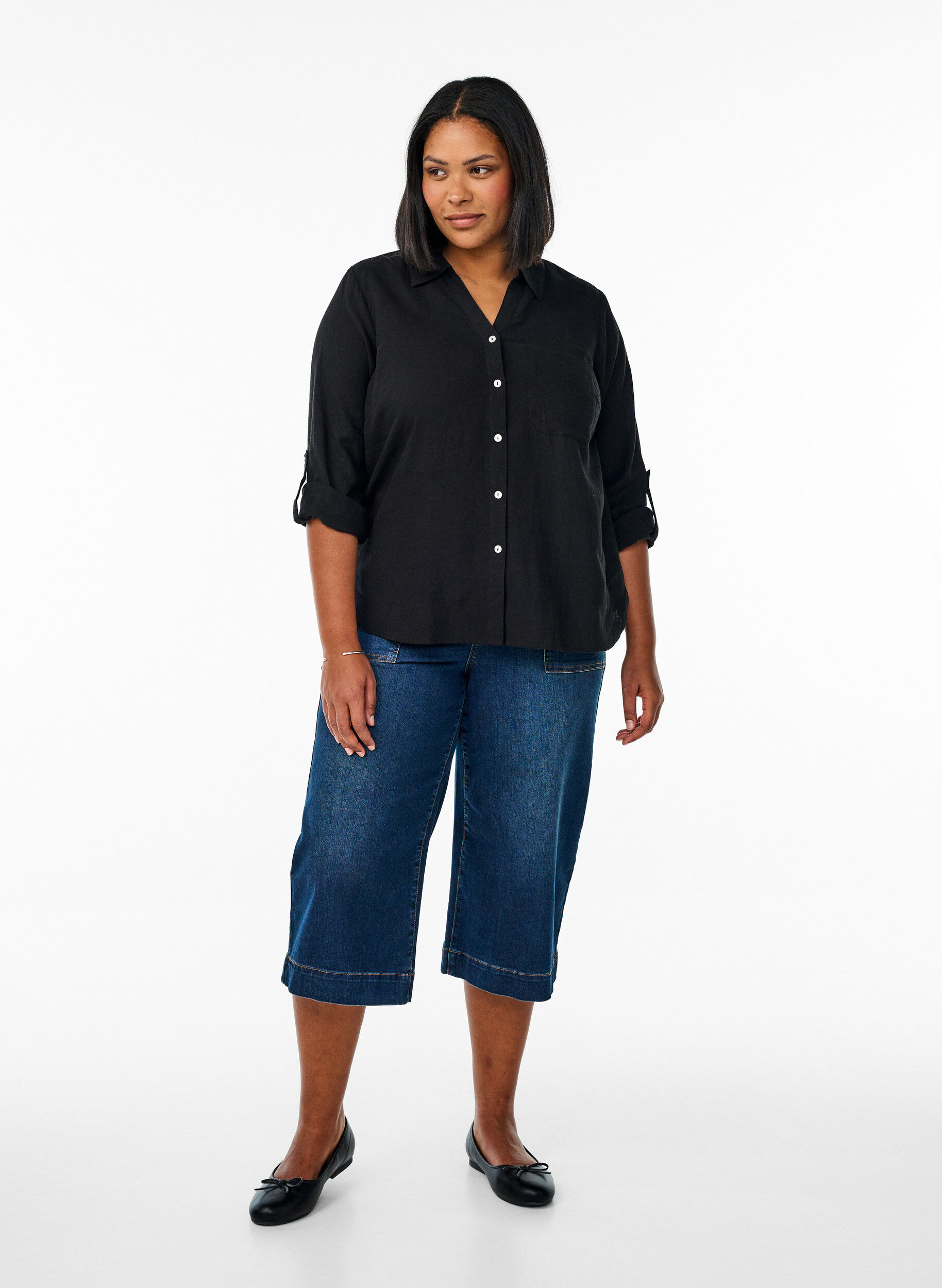 ZizziLinnen en viscose shirt met 3/4 mouwen, Zwart, Model image number 1