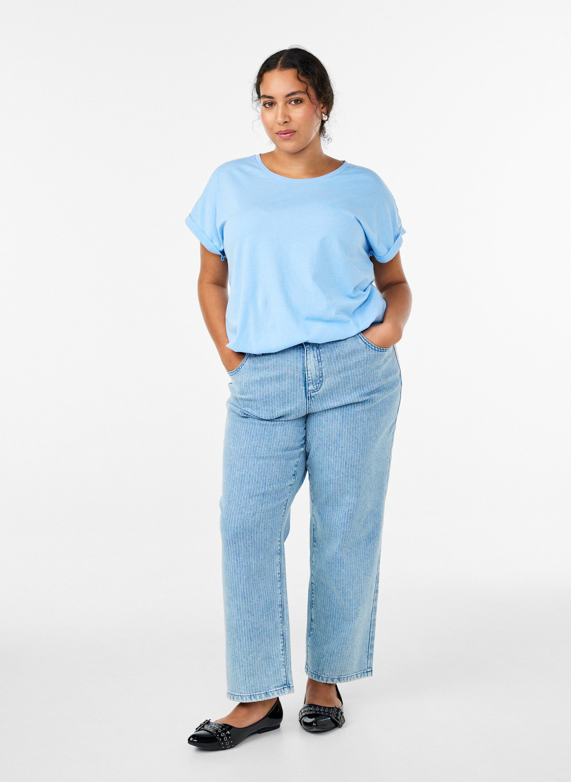 Zizzi T-shirt &agrave; manches courtes en coton m&eacute;lang&eacute;, Bleu, Model image number 1