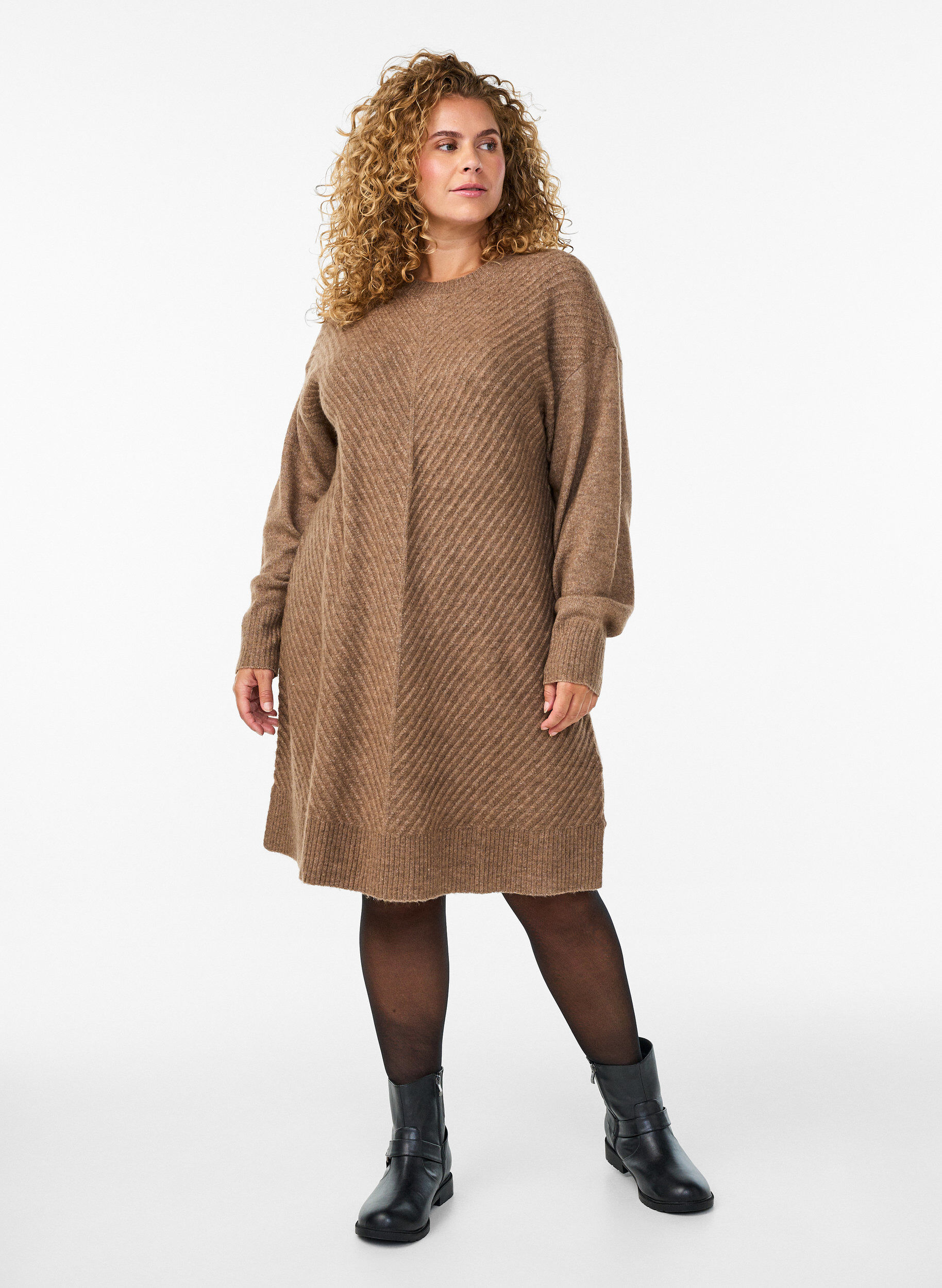 ZizziKorte gebreide jurk met een V-vormig textuurpatroon, Bruin, Model image number 1