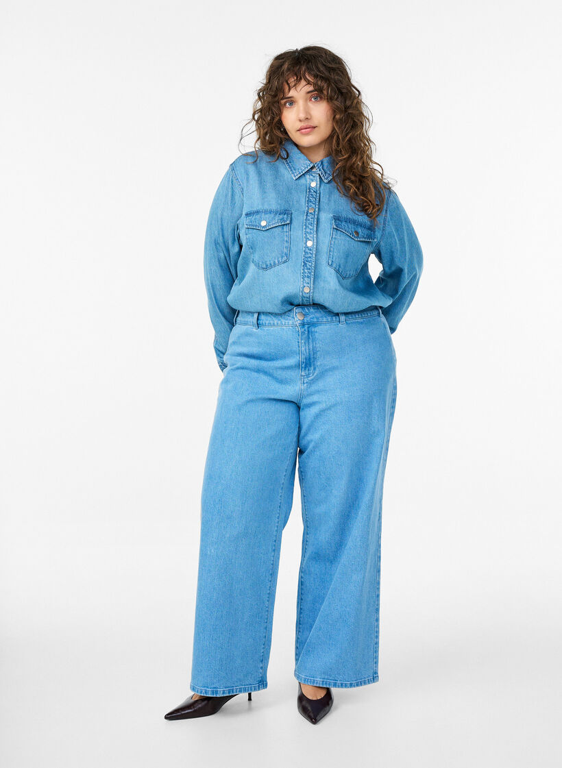 High waist wijde pijpen jeans, Blauw, Model