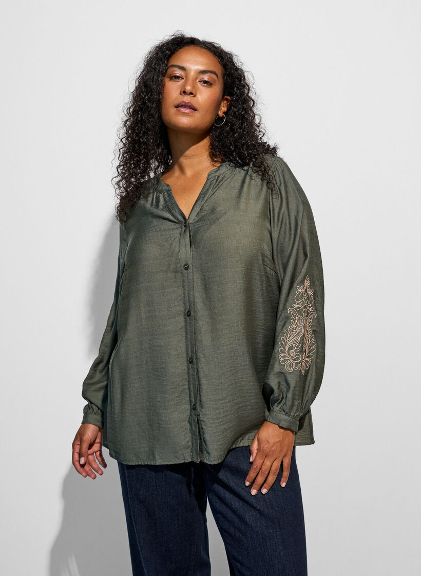 Viscose shirt met geborduurde mouwen, Groen, Model image number 0