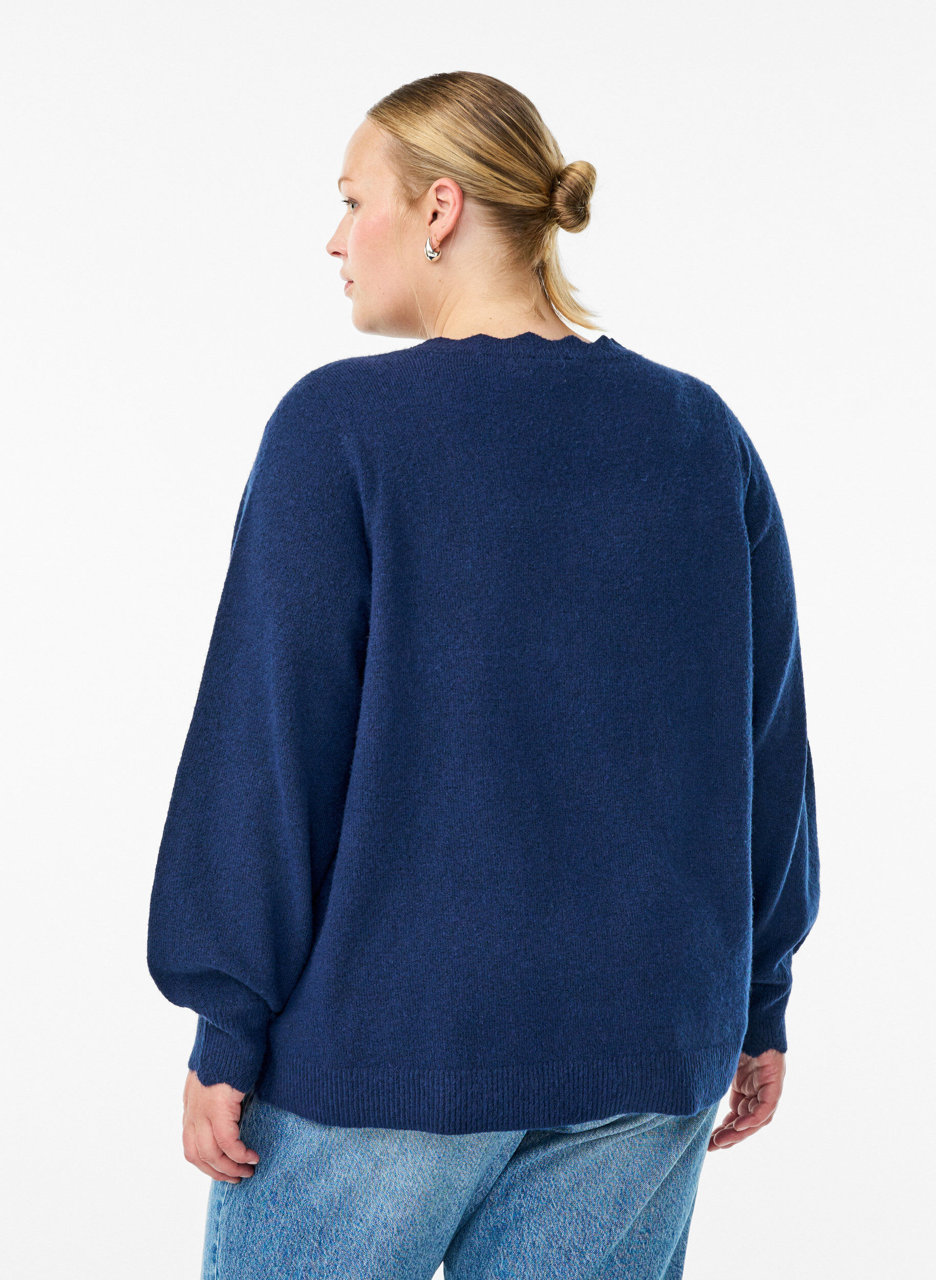 ZizziGebreide blouse met golvende randen, Blauw, Model image number 2