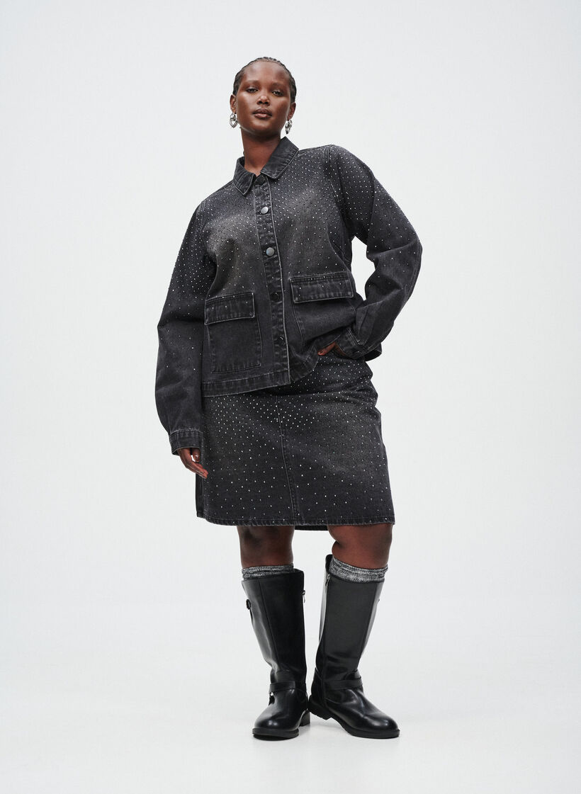 Korte denimrok met stenen., Grey Denim, Image