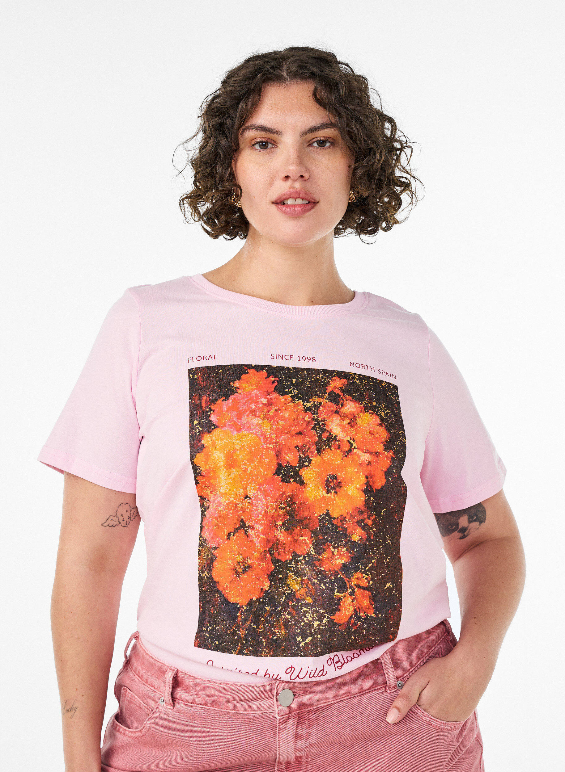 Katoenen T-shirt met print aan de voorkant, Roze, Model