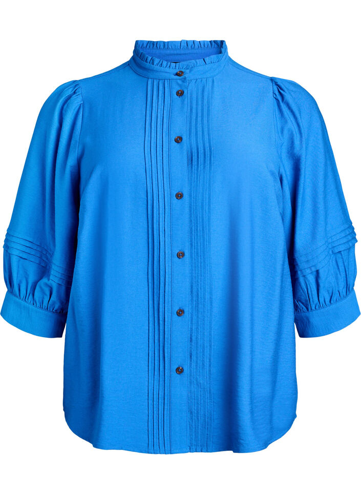 Blouse met 3/4 mouwen en decoratieve plooien, Blauw, Packshot image number 0