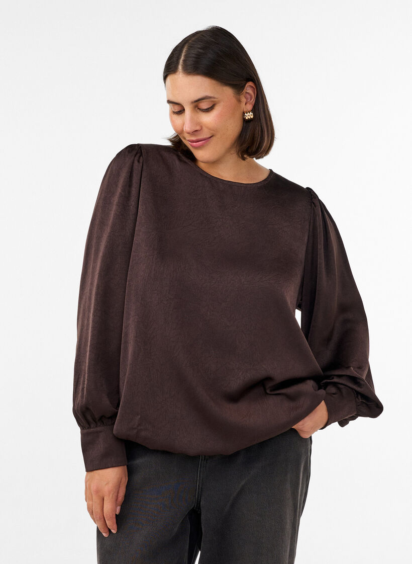 Blouse met satijnen look en ballonvorm, Bruin, Model image number 0